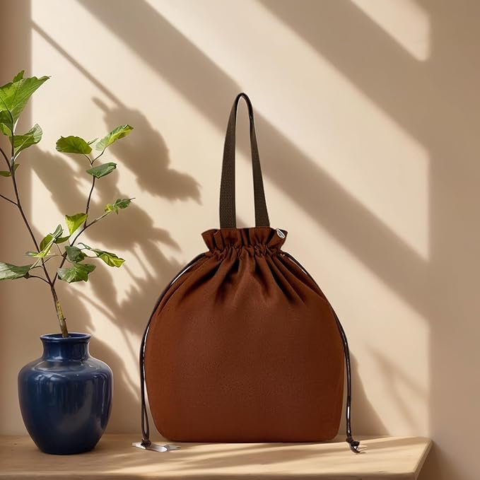 Reusable Small Lunch Bag,Drawstring Lunch Bag,Insulated Handbag Tote bag with Handle (Brown 2.0)