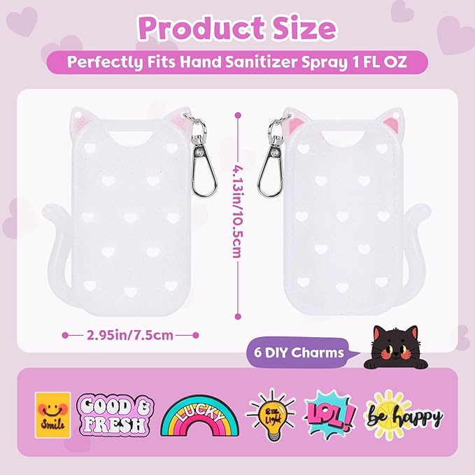 FunisFun Glitter Silicone Holder Case Compatible with Hand Sanitizer Spray 1 Fl. OZ., Cat-shaped Case Keychain with 6 Charms