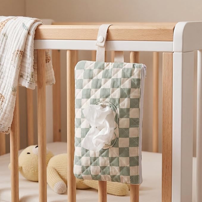 Quilted Green Plaid Baby Wipe Holder Fabric Wipes Organizer Bag with Handle Portable Wet Wipes Pouch for Baby Travel Home Car Stroller