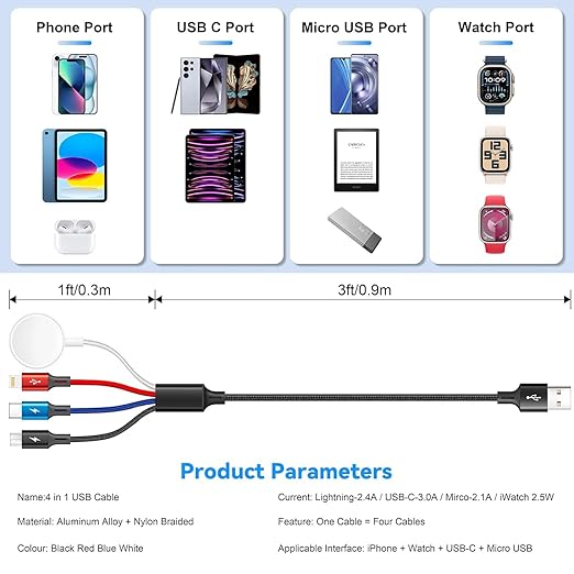 4 in 1 Multi Charging Cable for Apple Watch Charger/iPhone 17 Charger/Lightning/Micro,USB C Charging Cable Cord,Vacation Camping Essentials,Portable Designed for iWatch & iPhone Series,Galaxy-4Ft