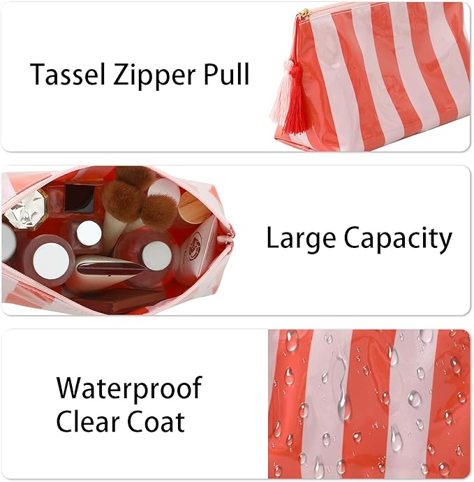 DYSHAYEN Makeup Bags for Purse,Small Clear Coated Cosmetic Bags for Women Girls, Waterproof Travel Organizer Zipper Pouch Beach Vacation Essentials (Pink-Orange)