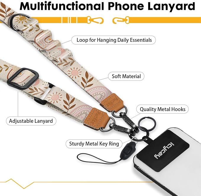 Icycay Phone Lanyard Crossbody, Boho Rainbow Cell Phone Strap for Around The Neck Adjustable, Leaf Sun Moon Teacher Anti Theft Cute Lanyard for ID Holder Keys Accessories Travel Essential