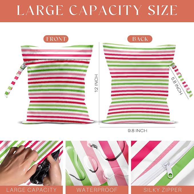 Strawberry Stripe Print Wet Bag, 3 Pack, Washable Reusable Wet Dry Bag for Swimsuit, Dirty Clothes Diaper Travel Pool Gym Party Camping Toiletries Travel Beach Essentials, Strawberry Lover Gifts
