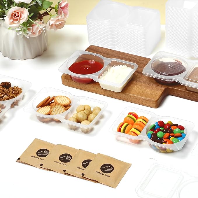 20 Pack 2 Compartment Snack Containers with Lids – Leak-Proof, Reusable Plastic Snack Packs for Adults, Divided Small Snack Containers for Lunch, Meal Prep, Dips, Salads