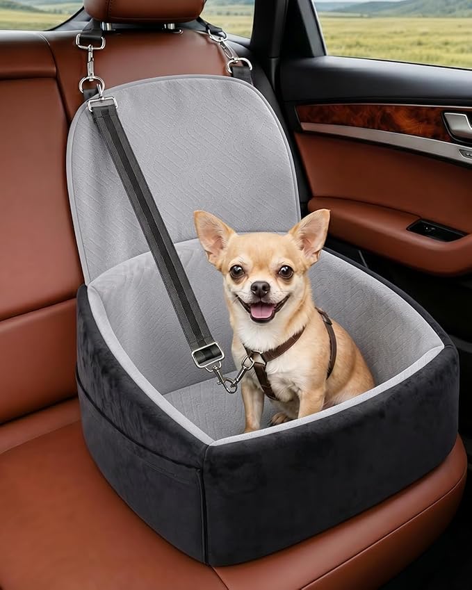 NUPIDA Dog Booster Car Seat with Extend Backrest for Small Medium Pet, Grey | Easy Install, Up to 30 lbs, Washable Removable Cover with zippper, Non-Slip Bottom, Large Storage Pockets, 2 Safety Leashes