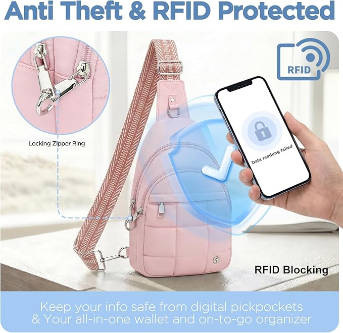 Anti Theft Sling Bag for Men & Women, Lightweight Puffer RFID Crossbody Bag for Travel, Commuting & City Walking, Hands-Free Everyday Essentials Bag Pink