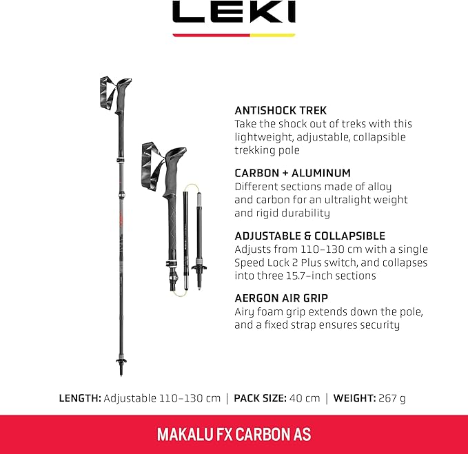 LEKI Makalu FX Carbon AS Trekking Poles - Foldable Collapsible Lightweight Walking Poles for Hiking