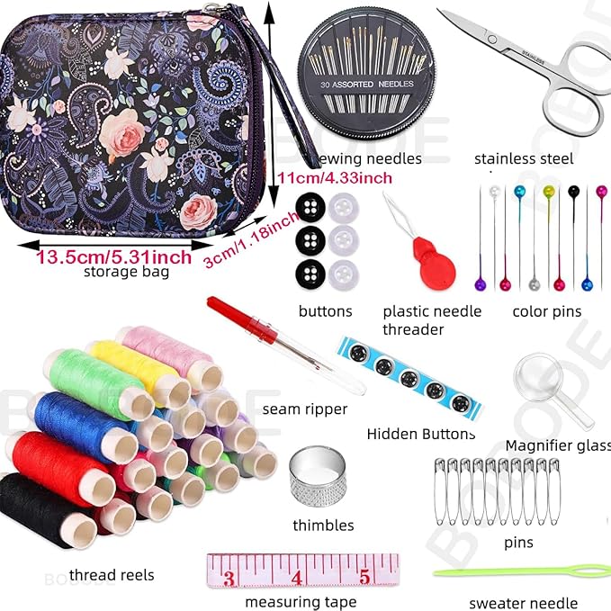 Purple Cute Travel Sewing Kit with 87PCS Accessories | Printing Sewing Kit Bag with 18 Colors Sewing Thread, Basic Professional Sewing Supplies for Beginners & Emergency
