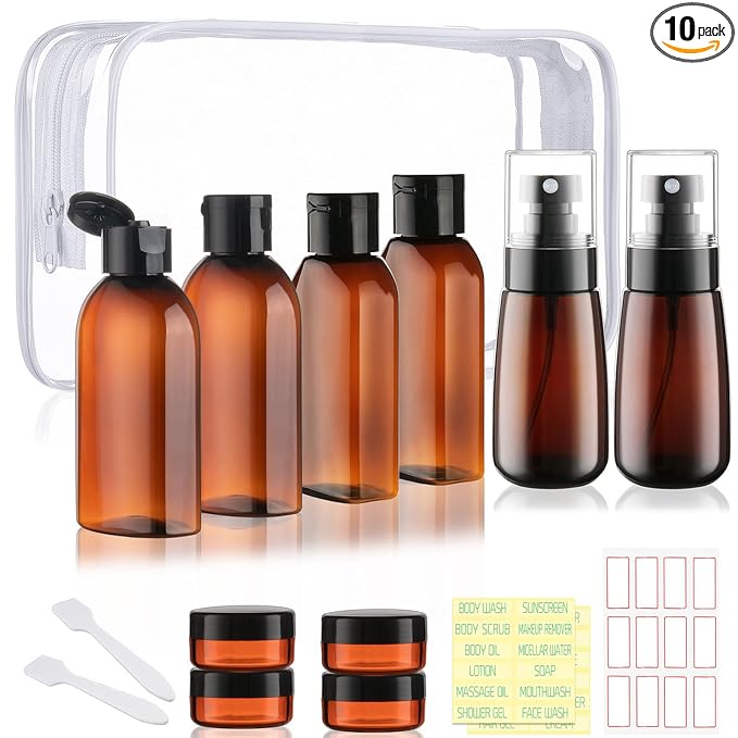 Travel Shampoo Bottles for Toiletries 10 Pack TSA Approved Travel Size Containers Leak Proof Plastic Small Cream Jars & Refillable Spray Bottle for Shampoo, Conditioner, Body Wash