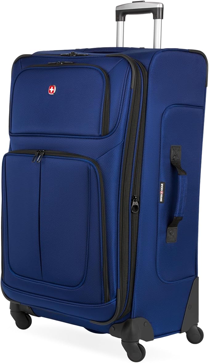 SWISSGEAR Sion Softside Expandable Spinner Luggage Durable Lightweight Travel Suitcase, Blue, Checked-Large