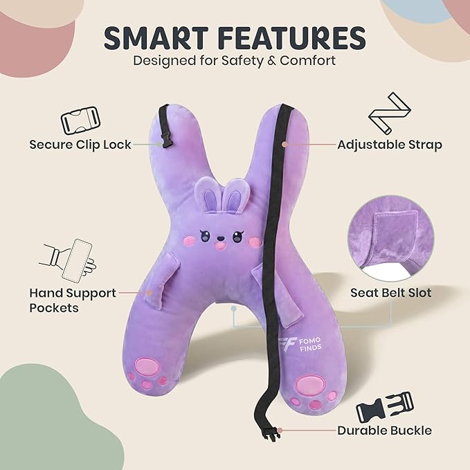 Kids Car Sleeping Pillow - H-Shaped for Neck & Back Support - Hands & Seat Belt Slot - Machine Washable & Compressible - Perfect for Car, Plane, Train, Boat & More - Purple