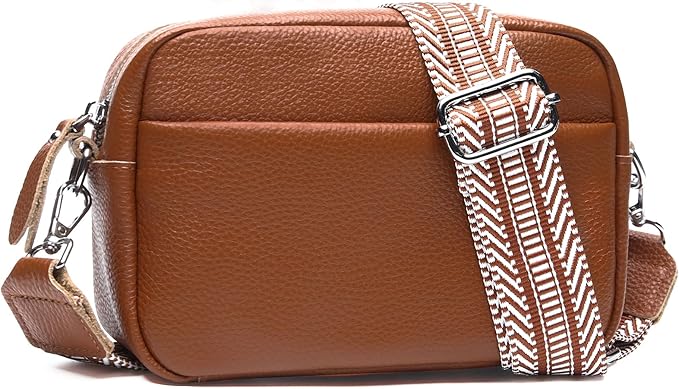 Small Crossbody Bags for Women Genuine Leather, Guitar Strap Shoulder Handbag Purse Camera Bag with Rfid Card Slots, brown