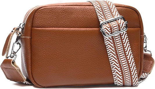 Small Crossbody Bags for Women Genuine Leather, Guitar Strap Shoulder Handbag Purse Camera Bag with Rfid Card Slots, brown