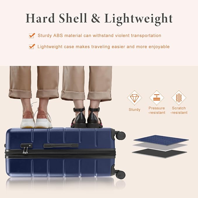Sweetcrispy 3 Piece Luggage Set, ABS Hard Shell Carry On Suitcase with Smooth Spinner Wheels and TSA Lock, Lightweight Rolling Travel Luggage 20/24/28 Inch for Travel Business Vacation, Navy Blue