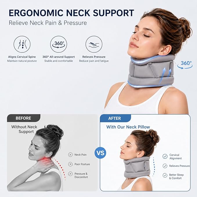 Inflatable Neck Pillow for Travel – Adjustable Cervical Support Brace for Sleeping, Posture, Plane & Office – Ultra-Lightweight, Portable & Compact – Gray Neck Support for Men & Women