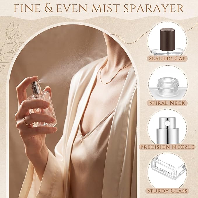 Domensi 15 Pcs 10/15/30/50 ml Glass Perfume Bottles Mini Glass Empty Spray Atomizer Bottles Bulk Refillable Perfume Dispenser Container with Pump Tool for Travel Skin Care (50 ml,Dark Woddy Color)