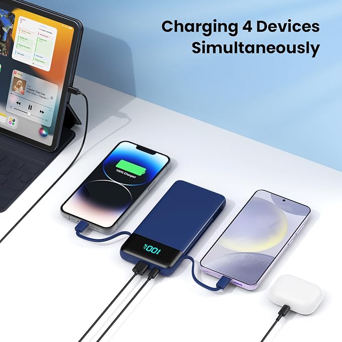 Portable Charger for iPhone with Built in Cables and Wall Plug,Upgraded 13800mAh Fast Charging USB C Power Bank,4 Outputs Travel Essential Battery Pack Compatible with iPhone 17/16/15/14,Galaxy-Blue