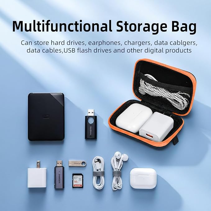 Earbud Case Portable EVA Storage Bag Cell Phone Accessories Organizer with Carabiner for Wired/Wireless Earphone, Earbud, Earpieces, SD Memory Card, Camera Chips, Tech Pouch, Rectangle,Orange