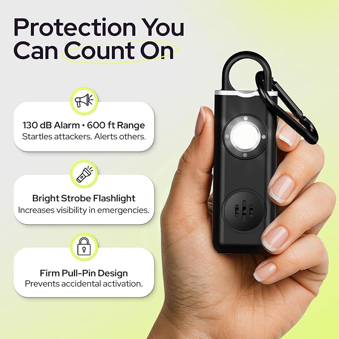 Personal Safety Alarm for Women – 130dB Loud Panic Siren Keychain - Rape Whistle Alternative – LED Light, Carabiner Clip, Low Battery Alert, USB-C Charging Self Defense Alarm by Weten (2 Pack Black)