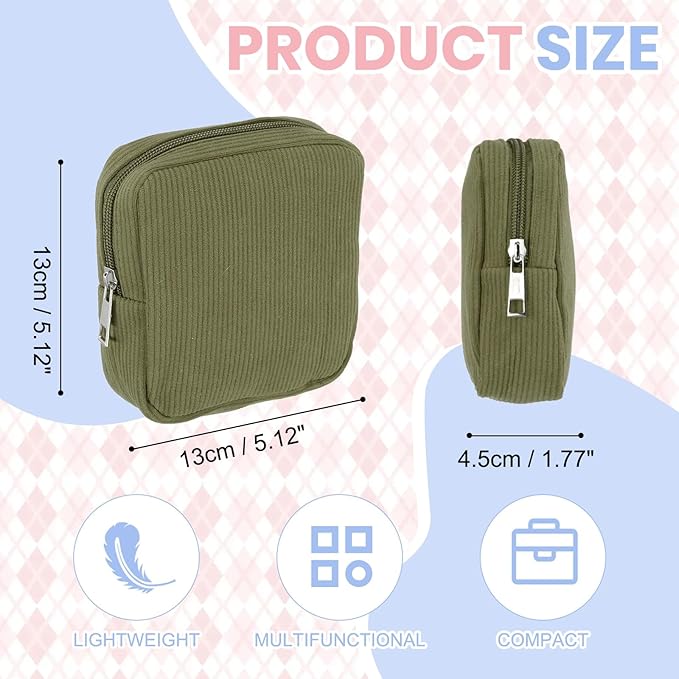 uxcell Period Bag for Teen Girls Women, Portable Corduroy Sanitary Towel Compact Cute Pouch with Zippers, Small Pouch Napkin Storage Pads Holder for Travel, Daily Use, Purse, Dark Green