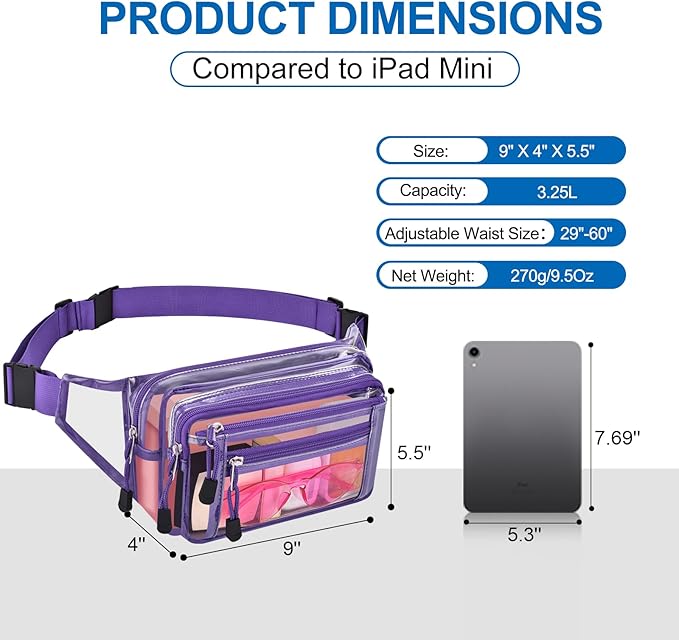 Clear Bag Stadium Approved Clear Fanny Pack for Women for Work,Multi-purpose Waist Bag for Travel & Sporting Event
