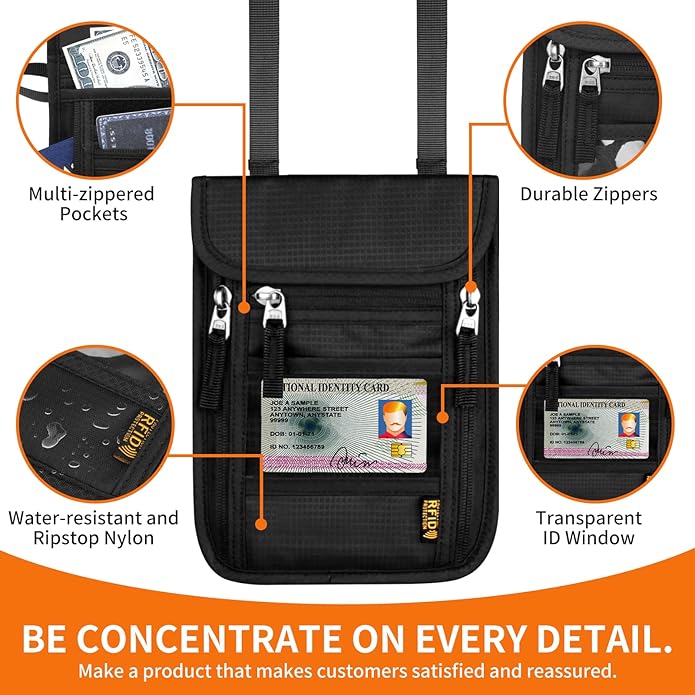 HOTEMIA Neck Wallet for Travel,Passport Holder Neck Pouch for Men Women with Adjustable Neck Strap and RFID Blocking