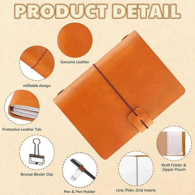 Thenshop Travelers Refillable Leather Journal Notebook Travel Diary Handmade Passport Travelers Journal for Men and Women with 3 Notebook Inserts, Pen Holder, Binder Clip (Light Brown,Passport Size)