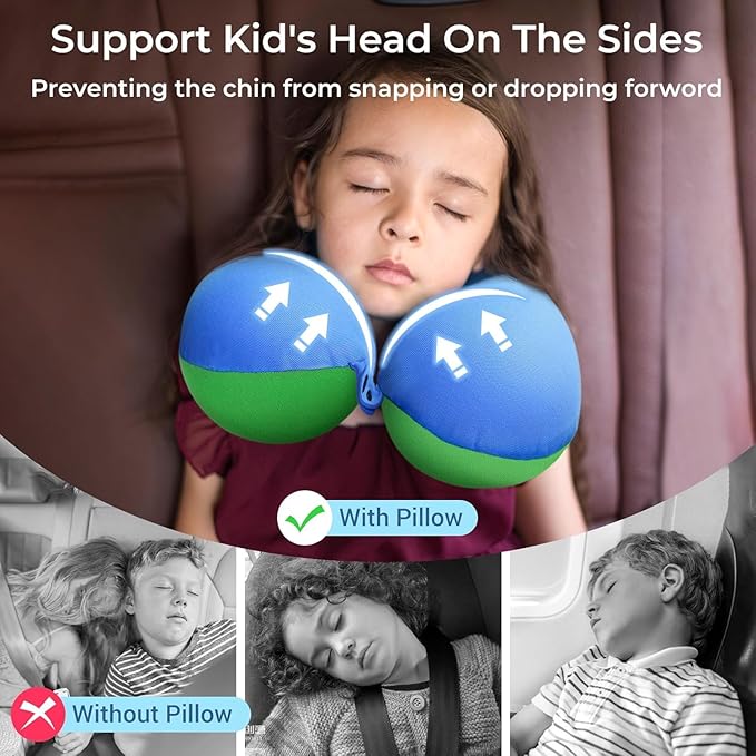 COOLBEBE Kids Travel Neck Pillow 2PCS Softly Headrest Travel Pillow for Car & Airplane, Traveling Gifts for Toddler & Children (Bluish Green & Pinkish Purple)