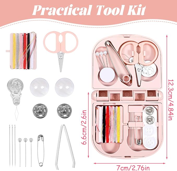 Tyqour Mini Sewing Kit Travel, Emergency Small Sewing Kit, Needle and Thread Kit Deluxe 5th Gen Square Soft Pink, Portable Essentials for Quick Repairs