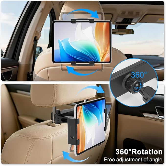 Tablet Holder for Car Headrest, 2 Packs Adjustable 360° Rotating Car Tablet Mount, Car Back Seat Stand for ipad, Road Trip Essentials for Kids, Compatible with 5.2-10.3" iPad Pro, Air, Mini