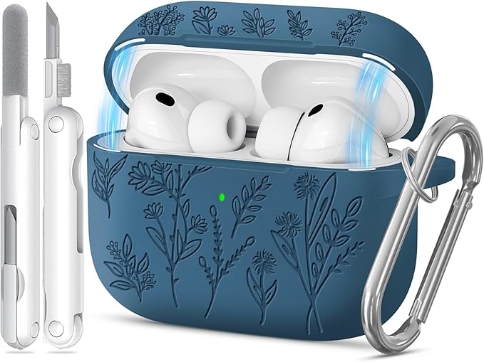 for Airpods Pro 3 Case with Magnetic Lid, Flower Engraved Cases for Apple AirPods Pro 3rd Generation 2025, Soft Silicone Cover for Women Girly with Cleaner & Keychain, Shockproof