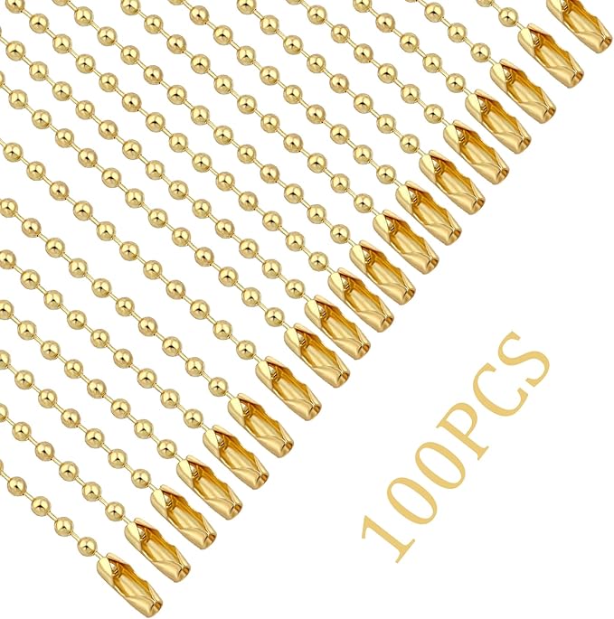 Lemonkey 100Pcs Ball Beads Chain Bulk, Gold Keychain Rings, 4 Inch Dog Tag Metal Small Chain With Connectors for Hanging Decoration