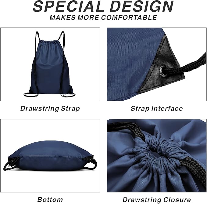 Drawstring Backpack Sports Water Resistant String Bag Sport Gym Sackpack for Women Men Large with Zipper, Navy