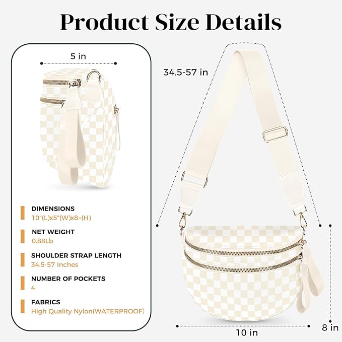 Spacious Nylon Checkered Crossbody Bum Bag for Women, Fashion Checkerboard Fanny Pack Purse with Anti-theft Pocket, Adjustable Wider Strap Wasit Bag (Beige)