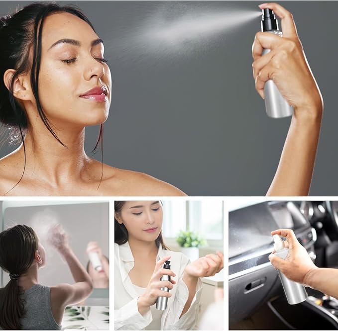 HARFINGTON 3pcs Aluminum Fine Mist Spray Bottles 100ml/3.4oz Metal Small Liquid Alcohol Refillable Travel Container with White Plastic Nozzle Cap for Perfume Skincare Cosmetic Storage Bottle