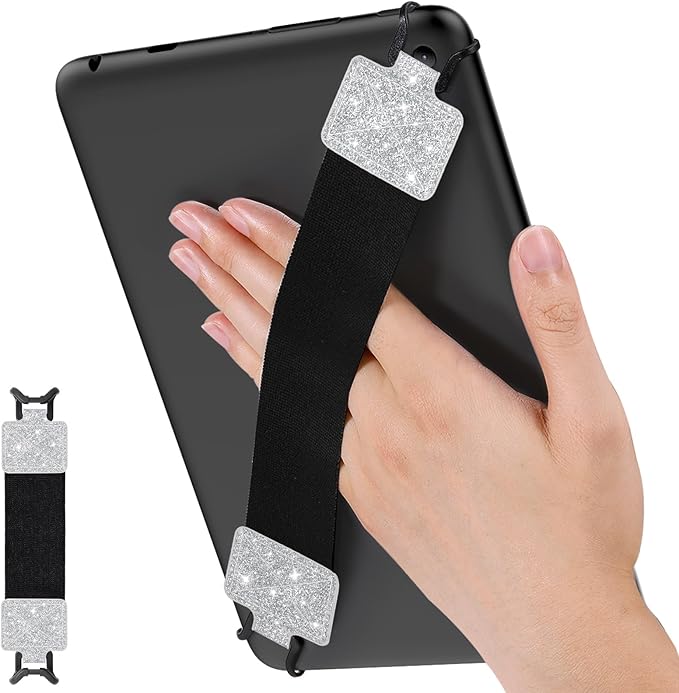 MoKo Security Hand-Strap for 9-11 Inch Tablet, iPad/IP-ad Pro/iPad Air/Kindle Fire HD/Samsung, Black High-Elasticity Versatile Hand Strap Lightweight Finger Grip Holder, Shiny Silver
