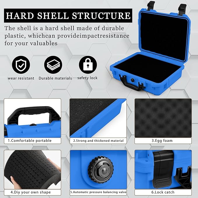 Relaxweex 1 Pcs Waterproof Hard Case with DIY Customizable Foam Insert Portable Protective Case with Knife for Camera Drones Equipments Tools Test Instruments(Blue,8.5 x 6.5 x 3.7 Inch)