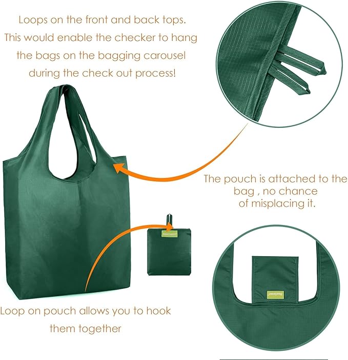 BeeGreen Christmas Green Reusable Grocery Bags Dark Green Reusable Kitchen Bags Bulk Foldable-Machine Washable with Zipper Storage Pouch 50 Packs
