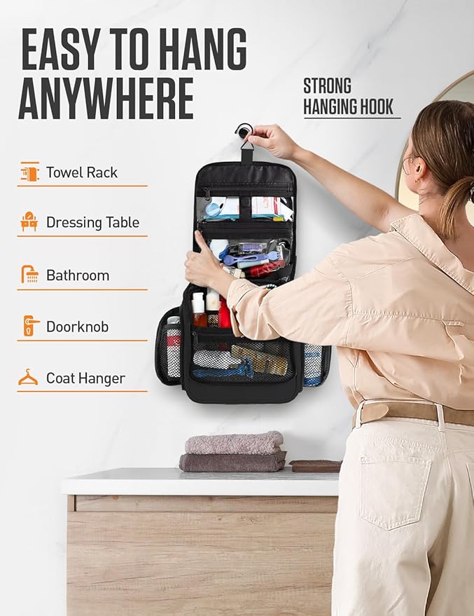 VENTURE 4TH Hanging Travel Toiletry Bag for Women & Men – Large Toiletry Organizer with 18 Compartments, Removable TSA Pouch, Travel Wash Bag for Toiletries, Makeup & Shaving Kit (Black)