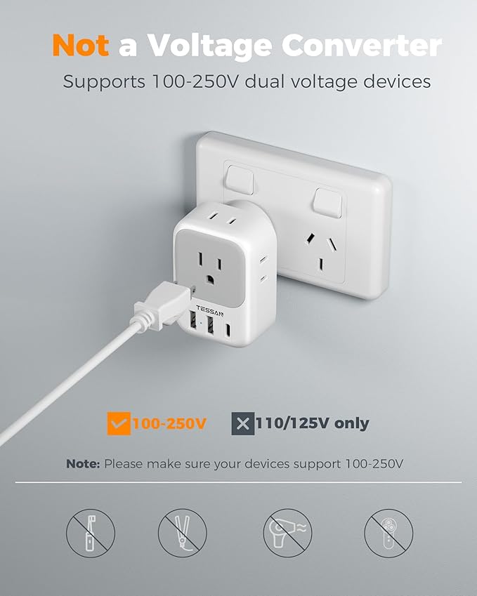 Australia New Zealand Power Adapter, TESSAN Type I Travel Adaptor with 4 American Outlets 3 USB Ports (1 USB C 20W), Plug Adapter for US to Australian Argentina China Fiji Cook Islands AU NZ