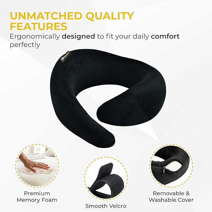 Travel Neck Pillow – Airplane Travel Essentials with Ergonomic Memory Foam Comfort – Premium Travel Pillows for Airplanes and Long Journeys, Compact Carry Pouch (Black)