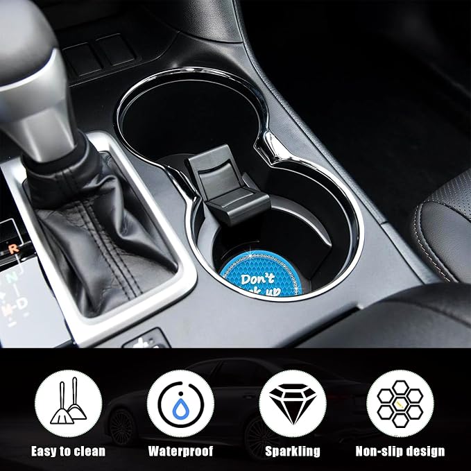 Ziciner 2 Pack Bling Car Cup Holder Coaster, 2.75 Inch Anti-Slip Auto Insert Cup Coaster, Crystal Car Drink Cup Mat Perfect for Women Girls, Universal Interior Decor Accessories (Light Blue)