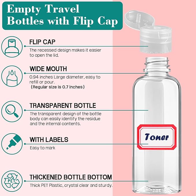 50PCS 3.4 oz Travel Bottles Tsa Approved Leakproof Plastic Squeezable Empty Small Bottles for Toiletries Liquids Travel Essentials with Flip Cap