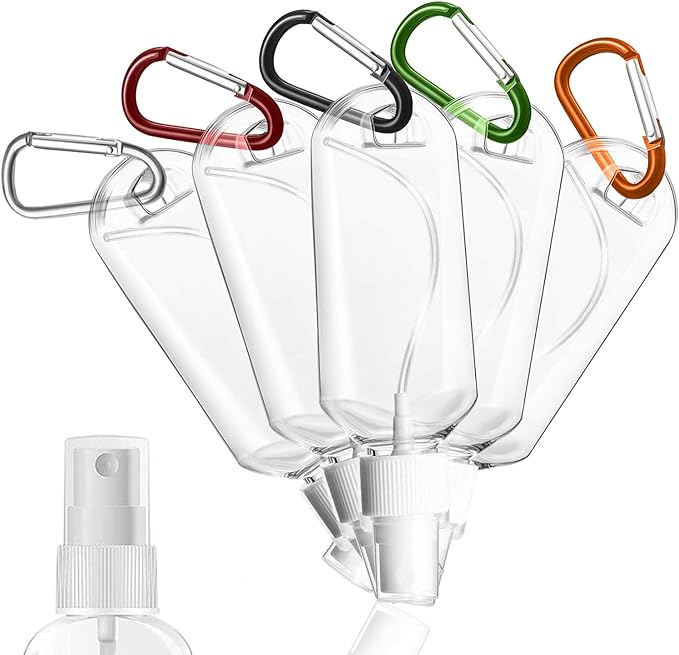 5PCS Travel Plastic Clear Keychain Spray Bottles, Leakproof Empty Squeeze Container Refillable Travel Sprayer Bottles with Keychain for Cosmetics Toiletries Liquids (60ml/2oz)