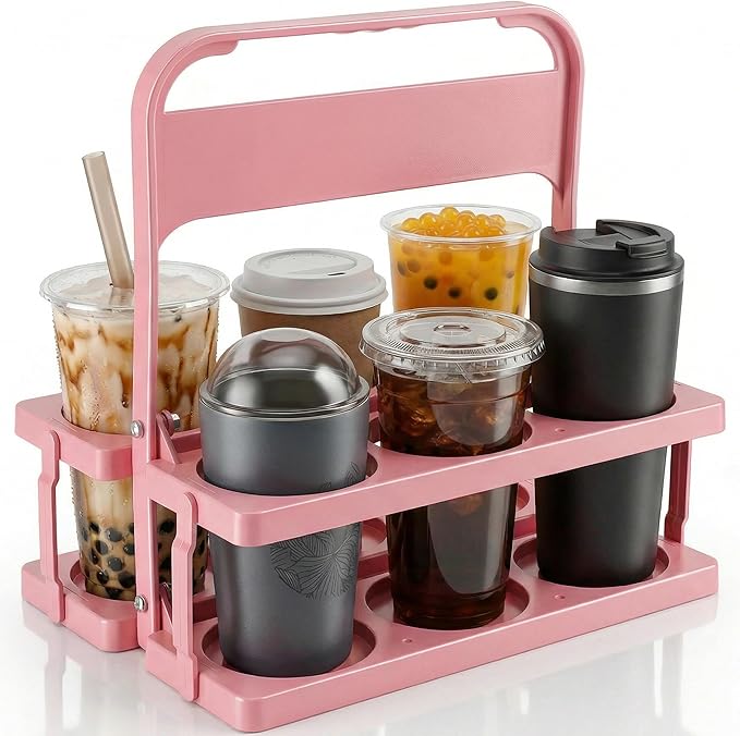 6 Cup Drink Carrier for Delivery - Foldable Drink Holder with Handle, Reusable Cup Carrier for Drinks, Portable Beverage Caddy Accessories for Parties, Camping, Car, Coffee & Bottles (Pink)