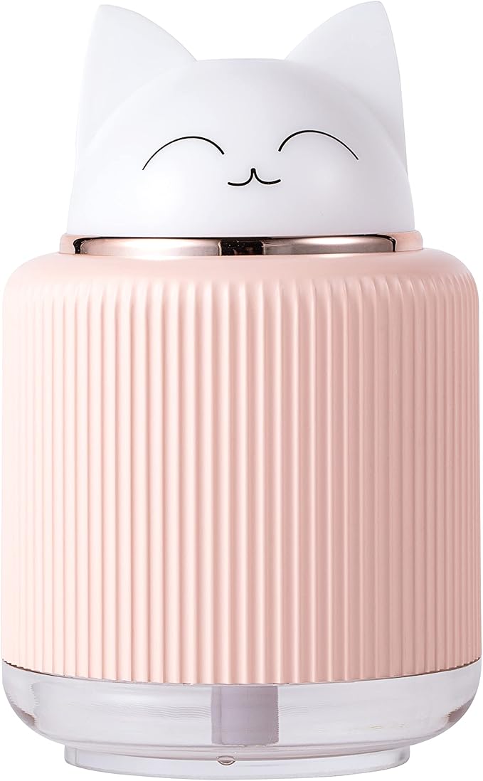 Mini Humidifier-Cute Cat Mist Humidifier for Kids Bedroom, Small Ultrasonic humidifier for Home Car Office with USB 2 LED Colors, Waterless Auto Shutoff, Quiet 300ml (Pink)