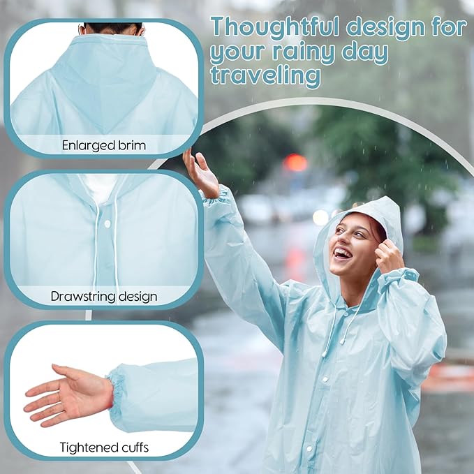 Rain Ponchos for Adults Reusable Rain Coats with Hood and Drawstring Thicken Ponchos Waterproof for Women(Light Blue)