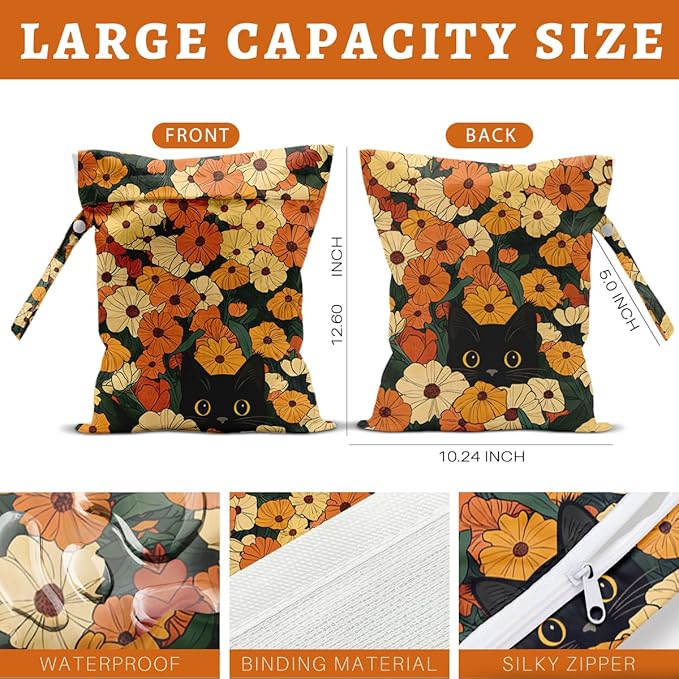 Black Cat Floral Wet Dry Bags Reusable Waterproof Wet Bags Swimsuit Bag Diaper Pouch for Travel Swimsuits Diapers Towels Beach Gym Cat Gifts for Women Friend Travelers 10 x 13 Inches
