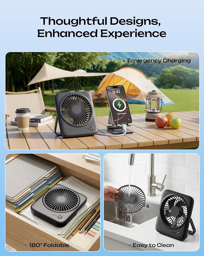 Otlonpe Personal Portable Desk Fan, 4000mAh Small Rechargeable Portable Fan Battery Operated & USB Powered for Travel Sleeping Bedroom Office Home Table, Cordless, Quiet, 4-Speed, 6.5 Inch (Black)