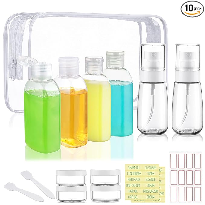Travel Size Bottles for Toiletries 10 Pack Travel Size Toiletries TSA Approved Shampoo and Conditioner Bottles Refillable Spray Bottle Leak Proof Small Cream Jars for Body Wash Lotion